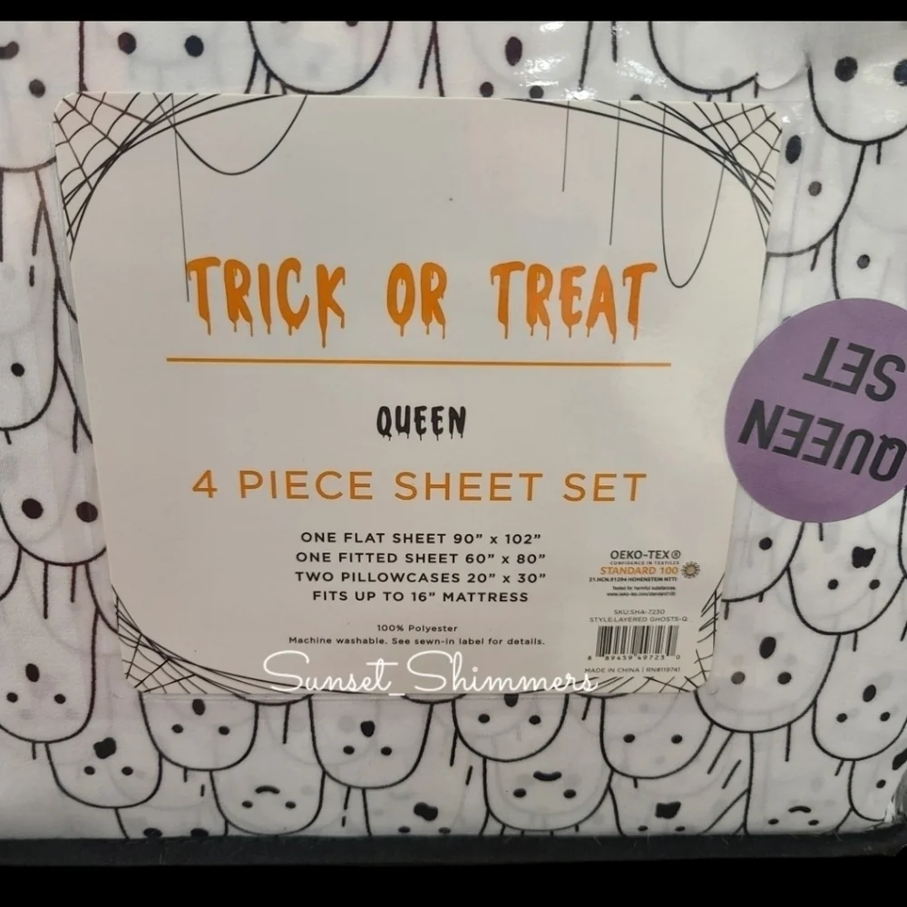 Halloween Trick or Treat Ghost Queen Size Sheet Set Black & White NEW
